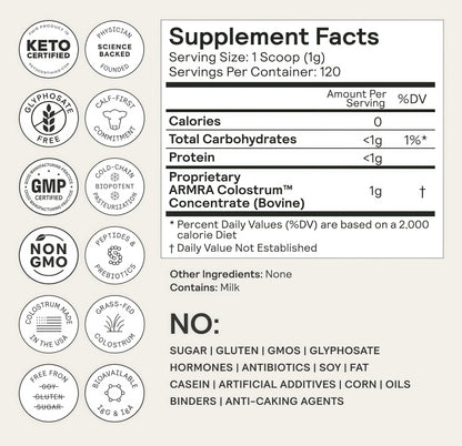 ARMRA ColostrumPowder IUnflavored| GutHealth & Bloating ISkin &Hair limmunity I Keto,Gluten & Fat-Free l120Servings